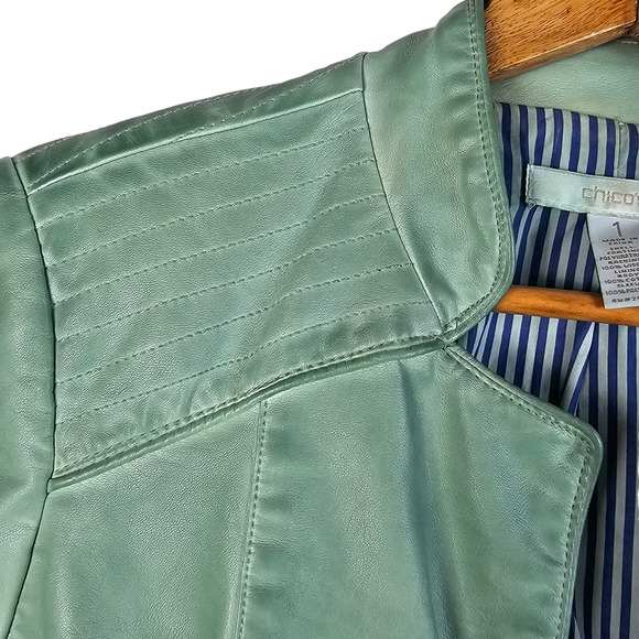 Chicos mint green pleather vegan open front jacket shoulder details size 1 - Picture 2 of 12
